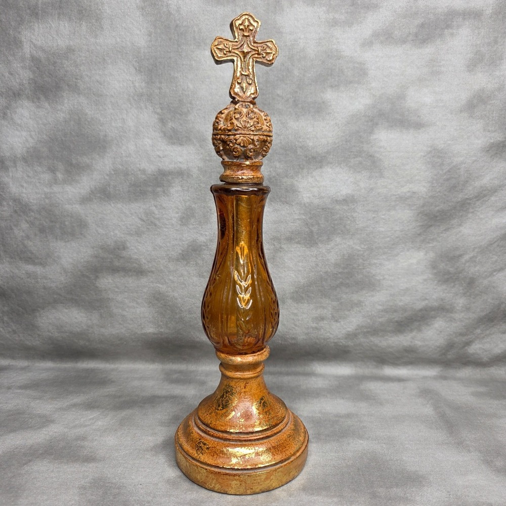 Amber Glass & Gold Flake Wood Cross Decorative Decor‎ Bookshelf Antique 13.25"